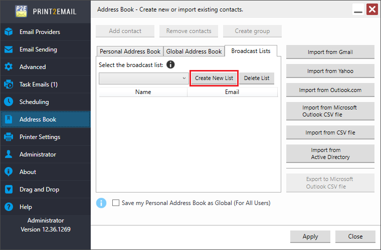 Using Print2Email in Broadcast Mode